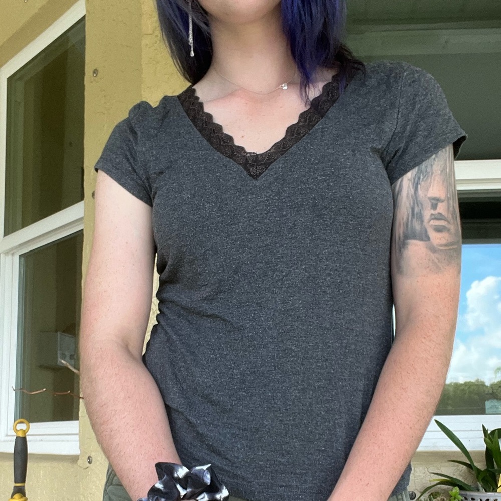 Grey top with black lace v neck